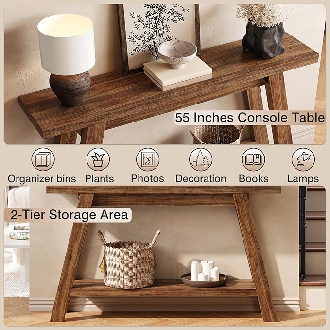 Console Table, 55-Inch Entryway Table with Storage 2-Tier Narrow Wood Console Table Behind Couch Sofa Tables for Living Room, Entryway, Hallway (Light Brown)