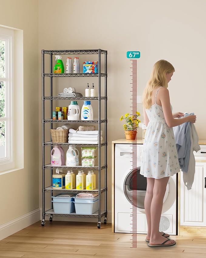 8 Tier Shelves Storage Shelf Wire Closet Bathroom Organizers Metal Pantry Kitchen Garage Shelving Unit Laundry Room Organization Home Rack Net Basket Black with Wheels 12”D X 22”W X 74.2”H