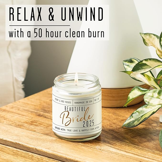 Soy and Sass Beautiful Bride 2025 Soy Wedding Candle, Peony & Red Roses Scent, 9 oz Jar, Wedding, Bridal Shower, Engagement