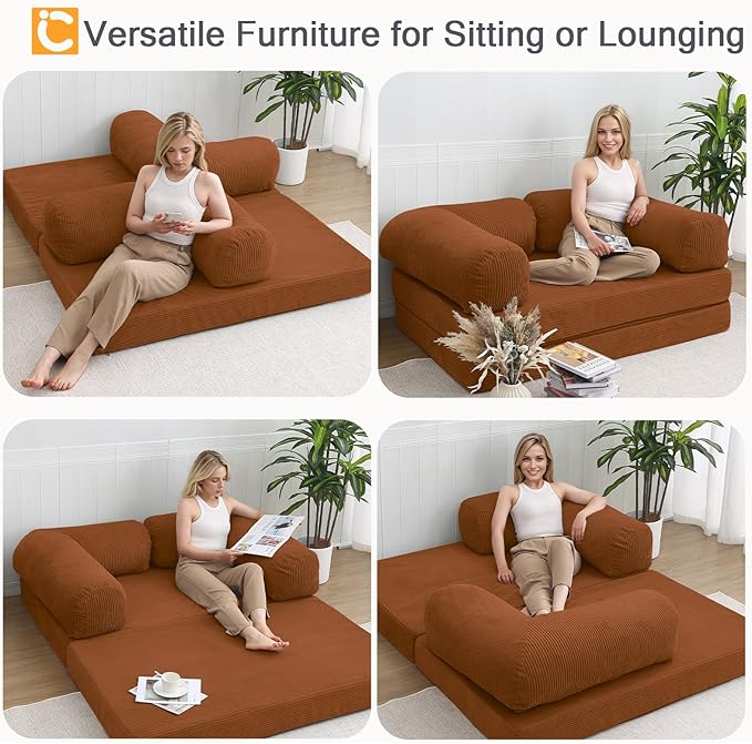 COMAX Futon Sofa Bed, 4-in-1 Floor Foldable Sofa Couch Bed Queen with L-Shaped Armrests, Convertible Folding Chair Bed Corduroy Sleeper Mattress Fold Out Comfy Lounge for Living Room, Orange