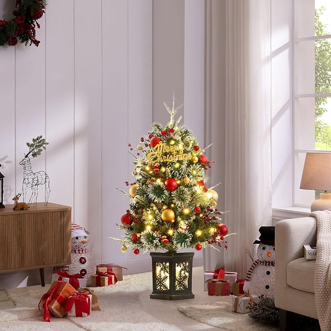 Small 3FT Pre-Lit Snow Flocked Christmas Tree with Twinkling Lights for Home Office Christmas Decor- Battery Operated & Timer (Vintage Snowflake Base)