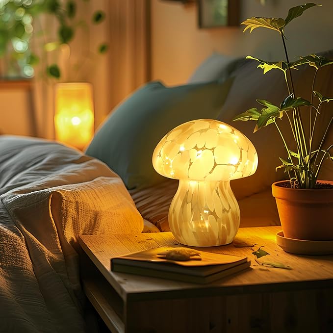Glass Mushroom Table Lamp, 5.9" Cute LED Night Light for Home Decor, Battery Operated (3 AA), Modern Ambient Light for Living Room Bedroom Office Light Pink