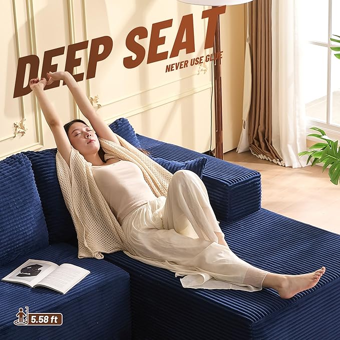 138" Boneless Couch with Deep Seat, Modular Sectional Sofa, Cloud Sectional Couch for Living Room, No Assembly Required, Corduroy, 4 Seater L-Shape Right, Blue