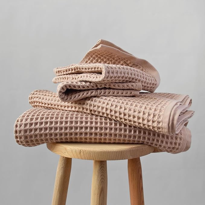 Püskül - Luxury Waffle Towel Set for Bathroom 4 Pieces Beige, Premium Quality Organic 100% Turkish Cotton 2 Hand and 2 Bath Towels Sets, Quick Dry Thin Waffle Towels, Made in Turkiye (Beige)