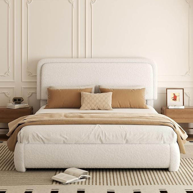Queen Bed Frame, Teddy Velvet Boucle Bed Frame with 43.3"/45.3" Adjustable Upholstered Headboard, Rounded Corners, Mattress Foundation, No Box Spring Required, White