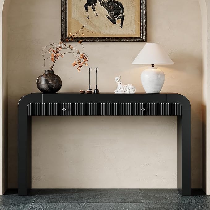 Merax Rustic Console Table with Fluted Drawer Front, Entryway Table with Curved Corners & Thick Legs, Sturdy Sofa Table for Hallway & Living Room, Black