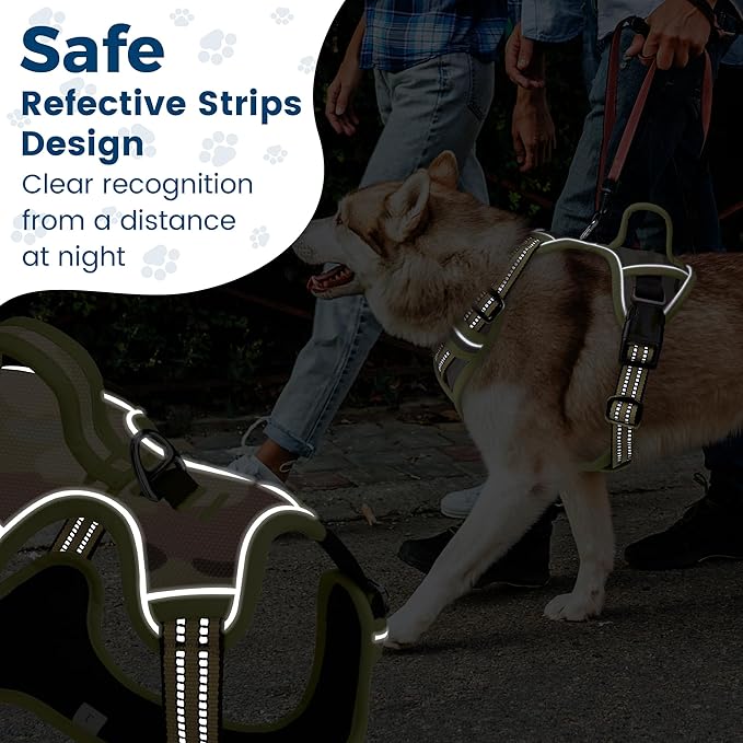 Funfox Dog Harness No Pull, Adjustable Pet Vest Harness, Super Soft Material with Vertical Handle Easy Control, Reflective Night Walking, 2 Leash Clips for Medium Sized Dogs, Camo Green, M