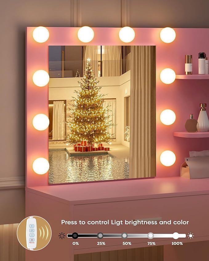 Lighted Makeup Vanity Desk, 35.4“W x 15.7'”D x 54“H, Pink (with Lights and Mirror, Dimming Fuction, 2 Drawers and 1 Cabiniet, Open Shelves)