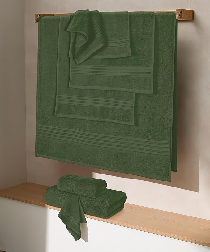 BOUTIQUO 100% Cotton Towel Set, Contains 4 Soft Bath Towel, 6 Hand Towels, 8 Wash Cloths - Compact Absorbent Lightweight & Quickdry Towels for Bathroom - 18 Piece Bathroom Towel Set - Olive Green