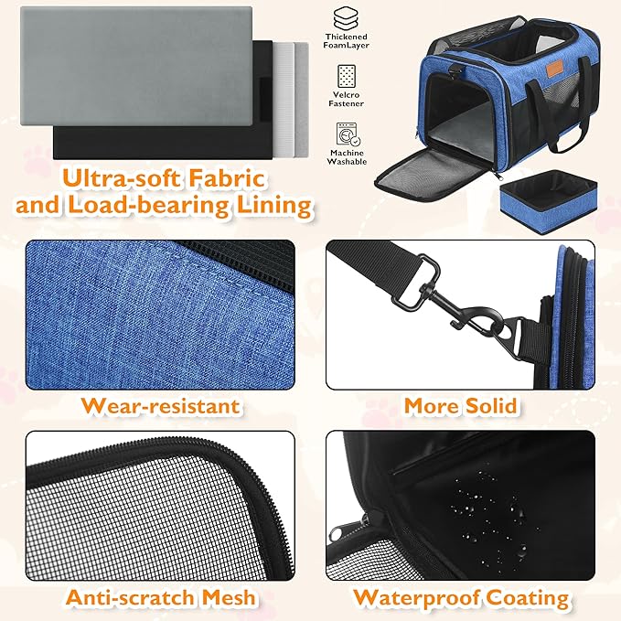 PETUX TSA Approved Pet Carrier in Cabin, 17"x11"x9.5" Cat Travel Carrier with Litter Box for Small Cats up to 12 lb, Portable Breathable Airline Approved Cat Carriers for Travel and Vet Visit, Blue