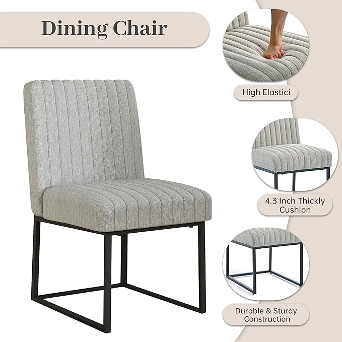 VKNOW Upholstered Dining Chairs Set of 6, Modern Dining Room Chairs with Stripe, Linen Kitchen Chair Dinner Chair with Black Metal Base for Kitchen Office, Light Grey