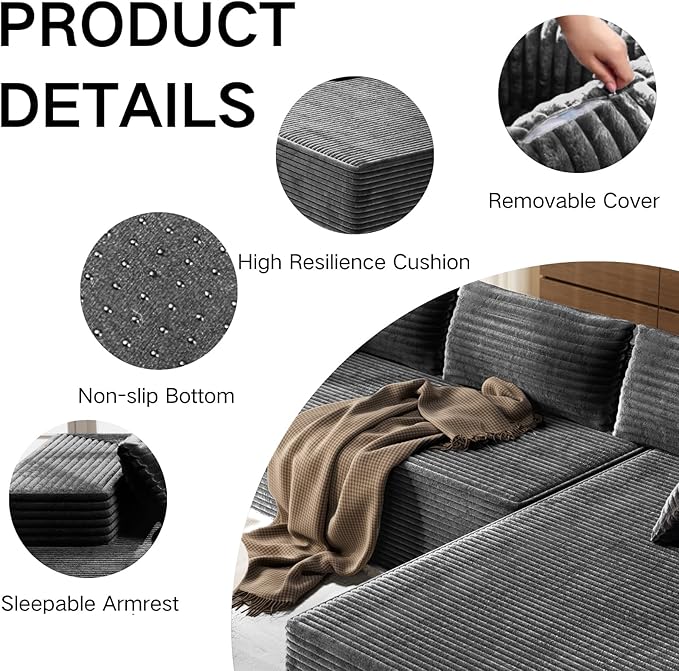 105.5" Modular Sectional Sofa L-Shape, Modular Cloud Sofa with Deep Seat for Living Room Bedroom, Upholstered Couches No Assembly Required (Gray Right Facing Chaise)