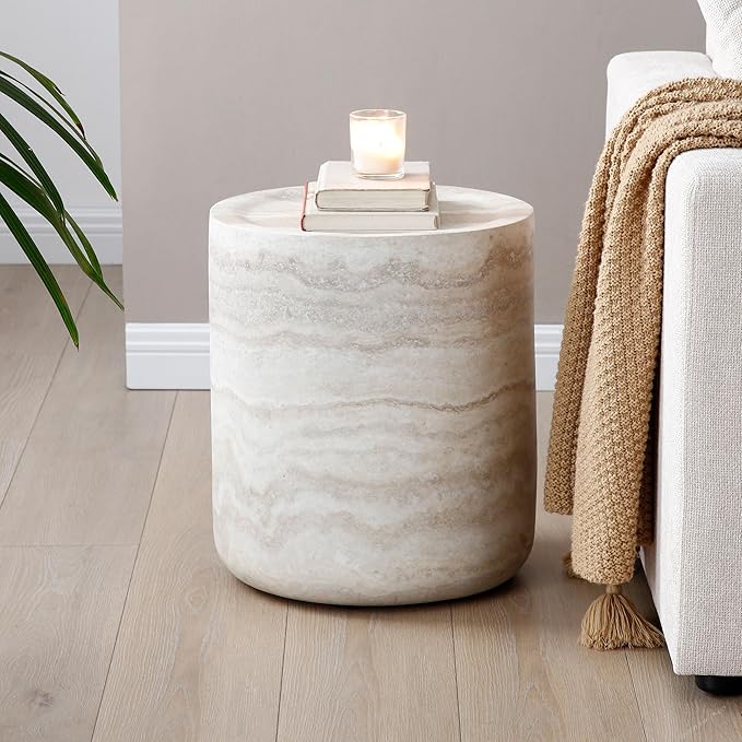 Small Round Coffee Table 15.74" Marble Pattern Drum Shaped End Fiberglass Cocktail Side Table for Living Room Bedroom Office