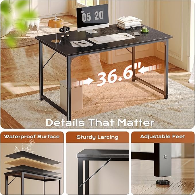 PRAISUN 40 X 24 Inch Computer Desk with Deeper Desktop, Gaming Office Writing Work Desk for Home Office, Study, Bedroom, Work from Home Desk, Metal Frame, Black