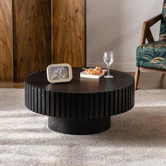 Round Drum Coffee Table 31.5" Wooden Coffee Tables Handcrafted Fluted Drum Coffee Table Modern Luxury Circle Center Table Vintage Farmhouse Center Table for Living Room (Round Black)