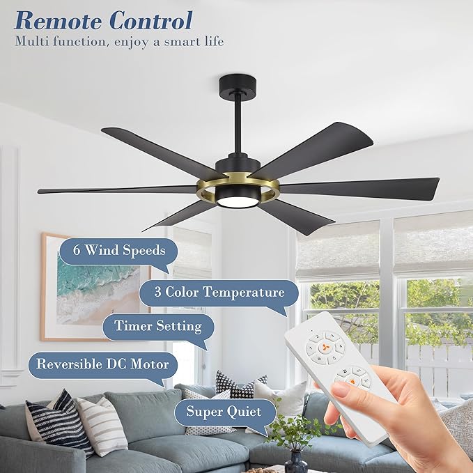 ELEHINSER 60" Ceiling Fan with Lights - 6 ABS Plastic Blades, 3 Downrods, 6-Speed Reversible DC Motor, 3CCT, Windmill Ceiling Fan for Kitchen Bedroom Living Room, Black and Brass