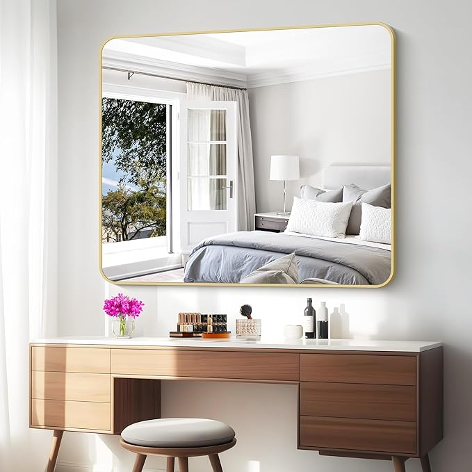 BONEWEI Gold Bathroom Mirror,40x48 inch Wall Mirror for Bathroom Wall Mounted,Round Rectangle Mirror for Bathroom Over Sink,Modern Frame for Home Decor Living Room,Bedroom Entryway,Horizontal/Vertical