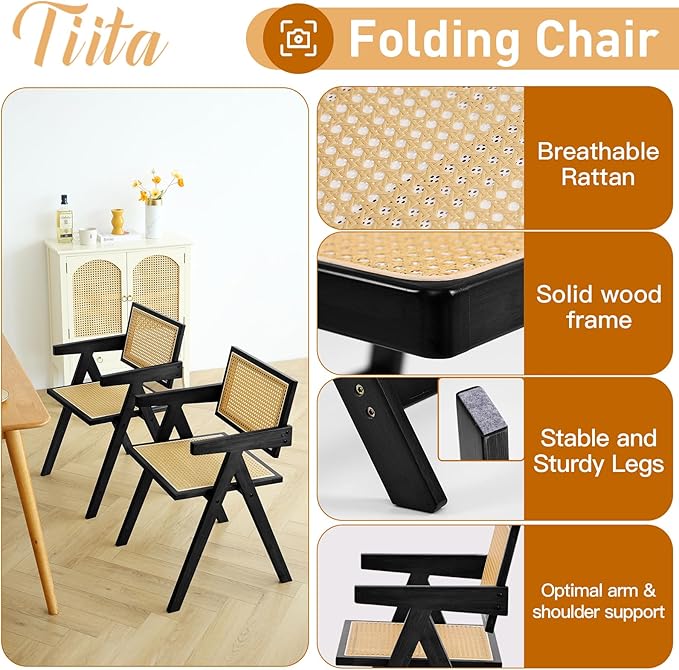 Tiita Rattan Accent Chairs, Mid Century Modern Dining Chairs Set of 2, Bamboo Living Room Chair for Reading Room Dining Kitchen, Black