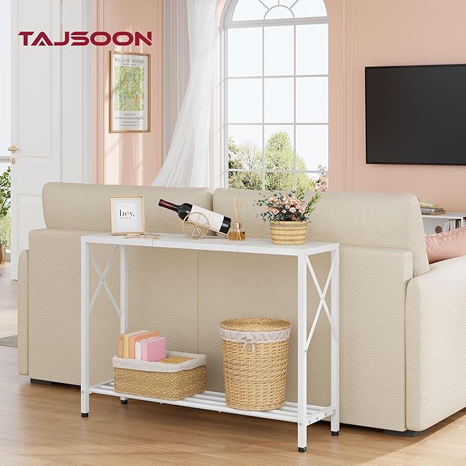Tajsoon Console Table 41.8”, 2-Tier Entryway Table Narrow Sofa Table with Shelves, Entrance Table with Stable X-Frame, for Entryway, Hallway, Living Room, Foyer, Corridor, Office, White