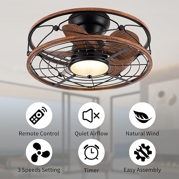 TIFEROR 20'' Low Profile Ceiling Fans With Light, Flush Mount Caged Ceiling Fan With Remote Control, Reversible Motor With Low Noise And Energy Efficient, 3 Color LED