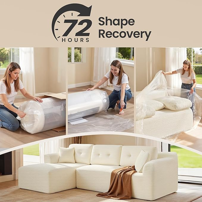 VASAGLE 108.3 Inches Boneless Couch with Chaise, Modular Sectional Sofa, Modern Cloud Couch with Deep Seat, L-Shape Corduroy Sofa for Living Room, Left-Facing Chaise, Bedroom, Cream White ULCS181WD01