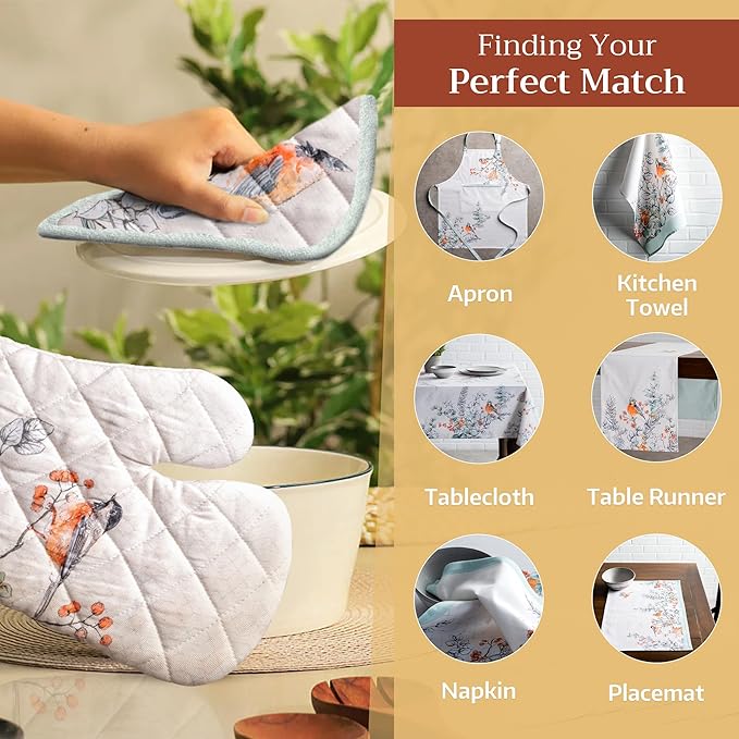 Maison d' Hermine Oven Gloves 100% Cotton Oven Mitt 7" x 13" with Loop Heat Resistant BBQ Cooking Gloves for Thanksgiving Christmas Decorations Handling Hot Pans (Pack of 1, Whitish Shabby Chique)