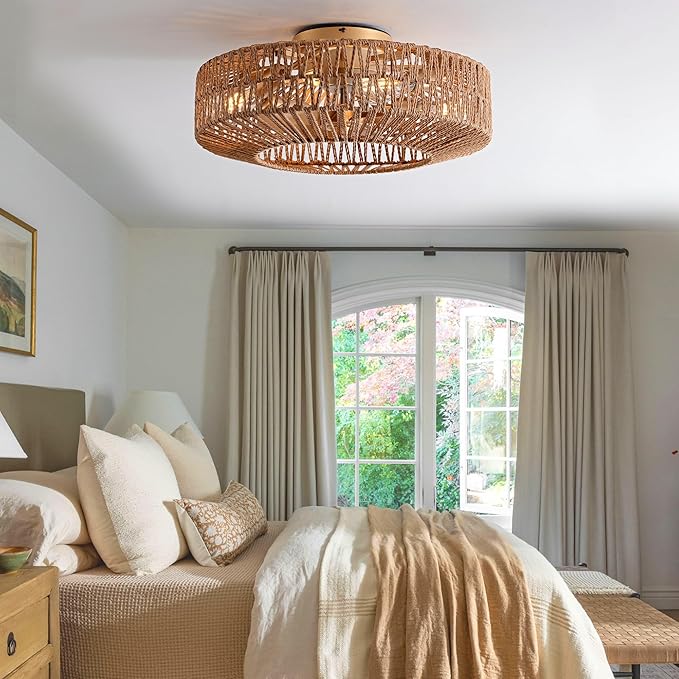 20" Boho Caged Fandelier with Lights Flush Mount Rattan Ceiling Fan with Lights and Remote Control, Enclosed 6 Speeds Low Profile Fan Light for Bedroom, Living Room, Kitchen