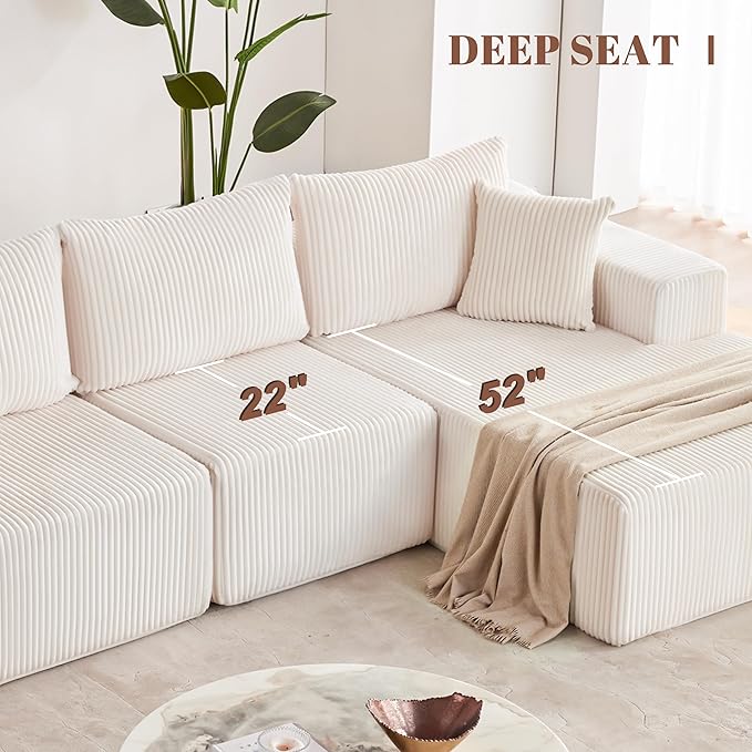 108” Modular Sectional Sofa, Cloud Sectional Couch with Deep Seat, Modern Modular L-Shape Sofa with Chaise,Upholstered Boneless Couches for Living Room (Corduroy, Beige)