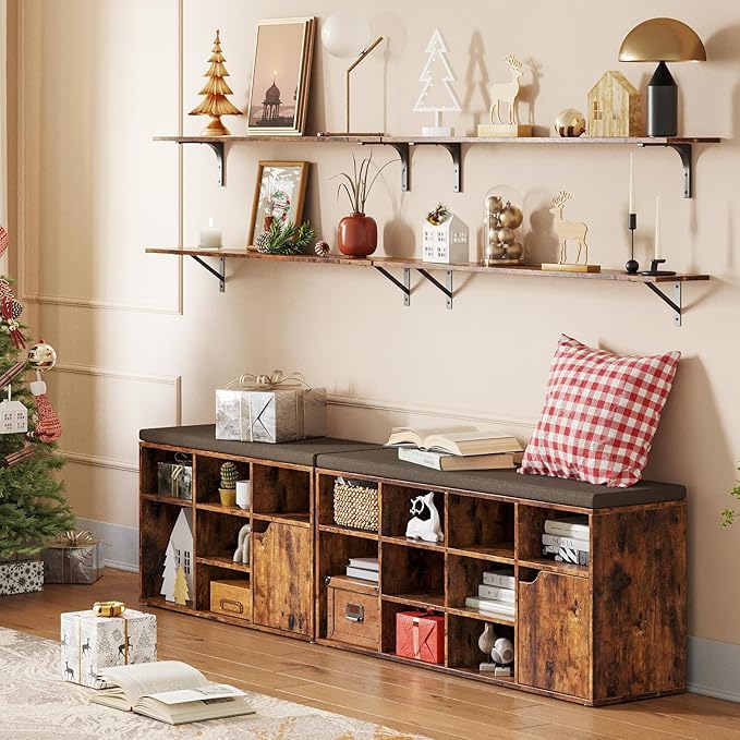 DINZI LVJ Long Wall Shelves, 47.3Inch Wall Mounted Shelves Set of 4, Extra Large Floating Storage Ledges with Sturdy Metal Brackets for Living Room, Bathroom, Bedroom, Kitchen, Rustic Brown