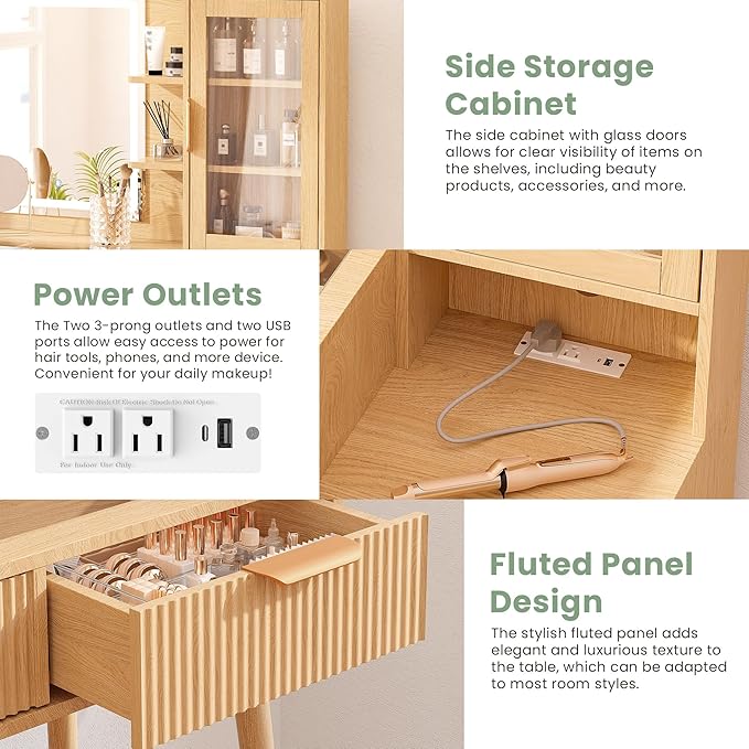 Fluted Vanity Desk with Mirror and Lights, 3 Color Clear Glass Door Dressing Table with Charging Station, 5 Drawers Glass Top Makeup Vanity with 9-Grid Organizer and 10 Storage, Light Oak