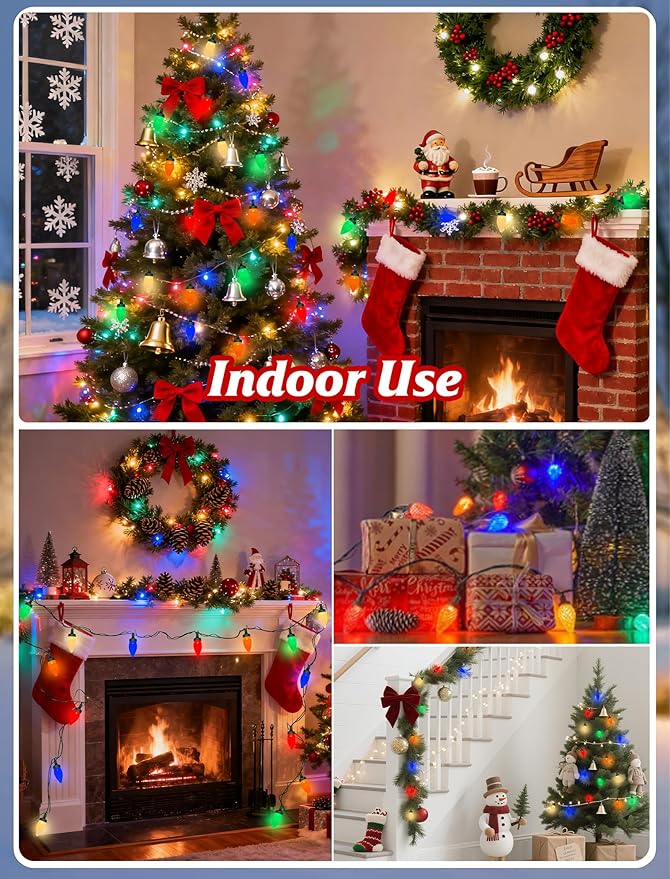 C7 LED Christmas String Lights,26FT Outdoor Christmas Lights with 50 LED Xmas Colorful Warm White Bulbs,Vintage Xmas Lights Outdoor Decorate Tree/Garden/Party/Room