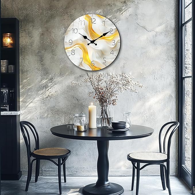 Decorative Wooden Clock for Home Office Decor 16 Inch Modern Marble Texture Round Clock Battery Operated Silent Wall-Clock for Living Room