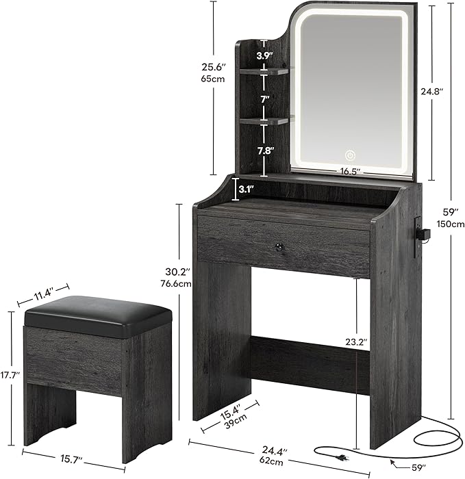 LIKIMIO Small Makeup Vanity Desk with Mirror and Lights, Vanity Table Set with Storage Drawer, Chair and Three Shelves, Bedroom, Charcoal Grey