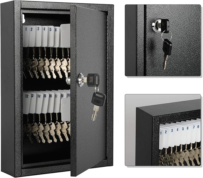 KYODOLED Key Storage Lock Box Wall Mount, Locking 40 Key Cabinet Holder Box with Key Lock, Hooks & Labels for Home, Office, Commercial Management, 2.5" D x 8.1" W x 12.1" H, Black