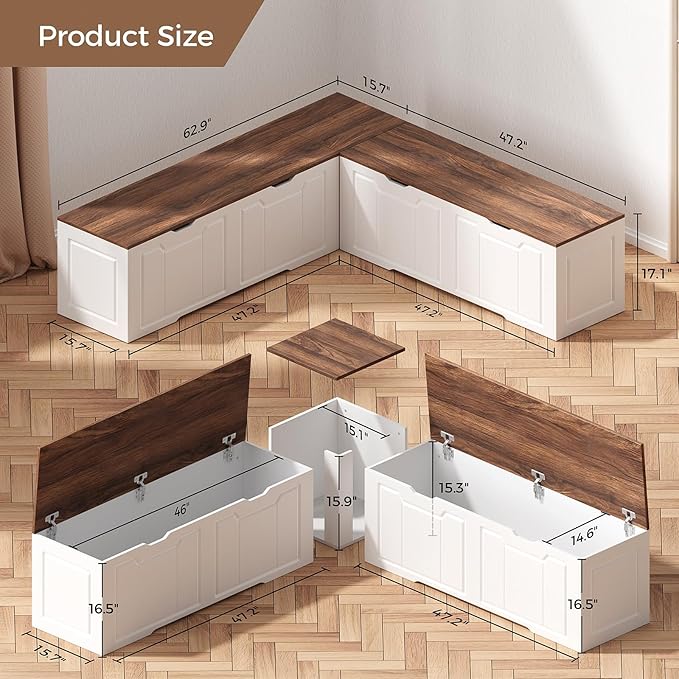 L Shape Corner Bench with Storage, Breakfast Nook Bench, 63" L-Shaped Kitchen Nook Seating, Hidden Flip-Top Storage Compartments for Entryway, Dining Room, Hallway, Cloakroom, w/Grey Cushion