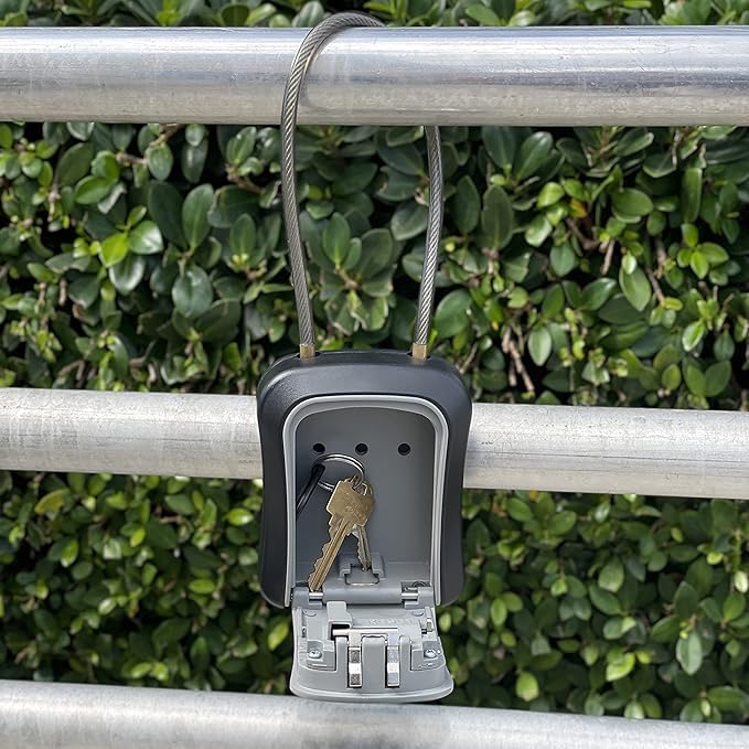 Iron Lock® Key Lock Box Portable with Cable Shackle & Wall Mount – Waterproof Metal Lock Box for Keys with 4-Digit Combination & Resettable Code – Indoor/Outdoor Key Safe (Grey, Medium)