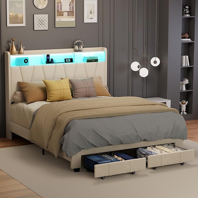 Queen Bed Frame, Velvet Upholstered LED Platform Bed with Headboard Storage, Queen Bed Built-in Charging Station with 2 Drawers, Wood Slat Support, No Box Spring Needed, Beige