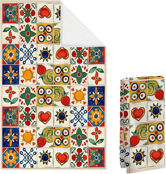 Spanish Kitchen Towels, Mediterranean Colorful Tile - Pattern Waffle Towels 16x24 Inch, Floral & Fruit Dish Towels Decor for Kitchen, Spanish Inspired Hand Towel for Bathroom Decor.