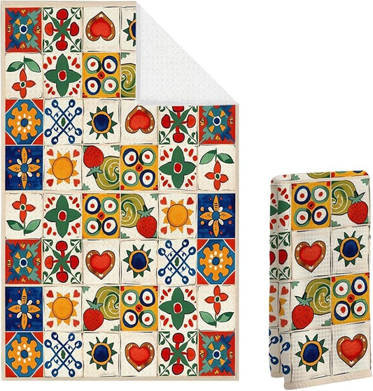 Spanish Kitchen Towels, Mediterranean Colorful Tile - Pattern Waffle Towels 16x24 Inch, Floral & Fruit Dish Towels Decor for Kitchen, Spanish Inspired Hand Towel for Bathroom Decor.
