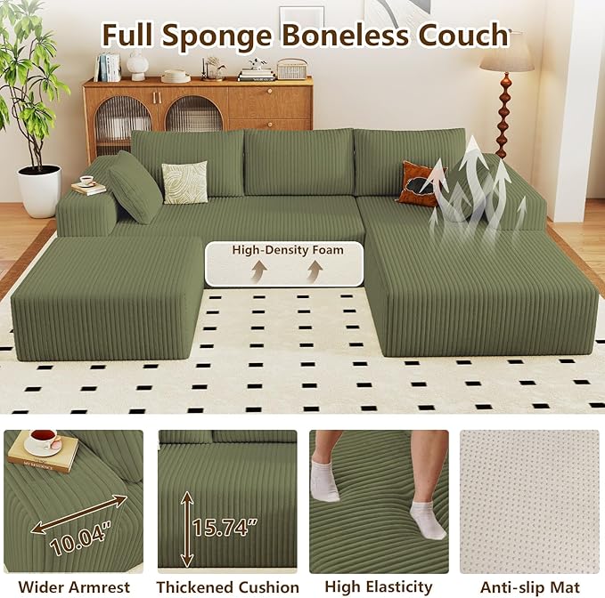 96" U-Shape Cloud Couch, Modern Modular Sectional L-Shape Sofa with Ottoman, Corduroy Upholstered Couches Deep Seat Sleeper Chaise Longue for Living Room, No Assembly Required(Green, Right Facing)