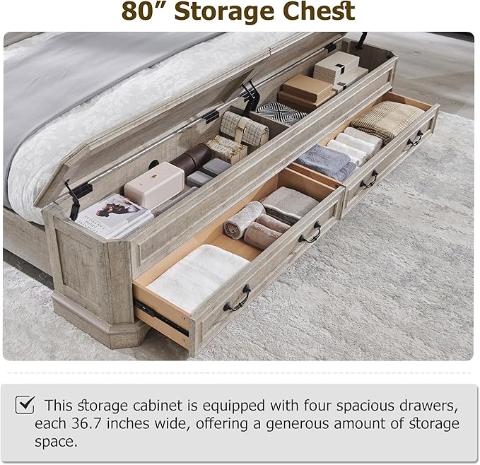 T4TREAM Farmhouse King Bed with Headboard and Storage Bench, Rustic Wood Platform Bed with 80" Storage Chest w/ 4 Large Drawer, Light Rustic Oak