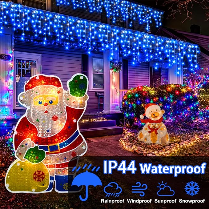 Hezbjiti Outdoor Christmas Lights, 400LED Ice Lights 33FT LED Fairy String Lights with 8 Modes and 75 Drops for Eaves, Party, Yard, Garden Decor（Bule）