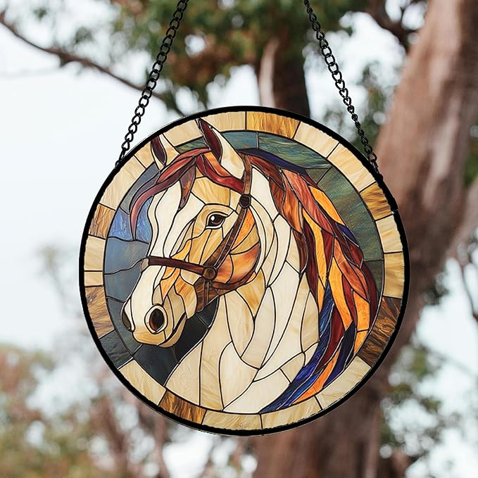 Stained Glass Window Hanging, Animal Horse Colored Mane Sun Catchers Glass Panel Cool Suncatcher Decor for Birthday for Women, Men, Wife, Aunt, and Mom 14.9x14.9 in