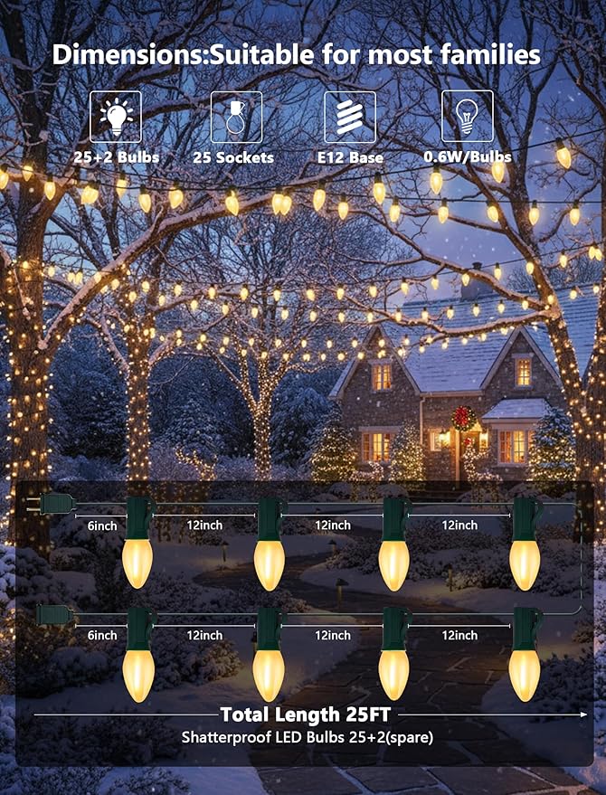 C7 LED Christmas Lights,25ft Frosted Christmas String Lights with 27 LED Frosted White Bulbs,Vintage Warm White Hanging Light for Outdoor Christmas Roofline Party Decorations