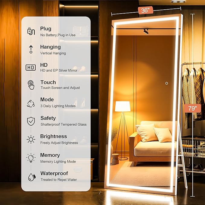 Full Length Mirror with Lights, 79" x 36" LED Lighted Floor Standing Mirror, Tempered Glass, Square White