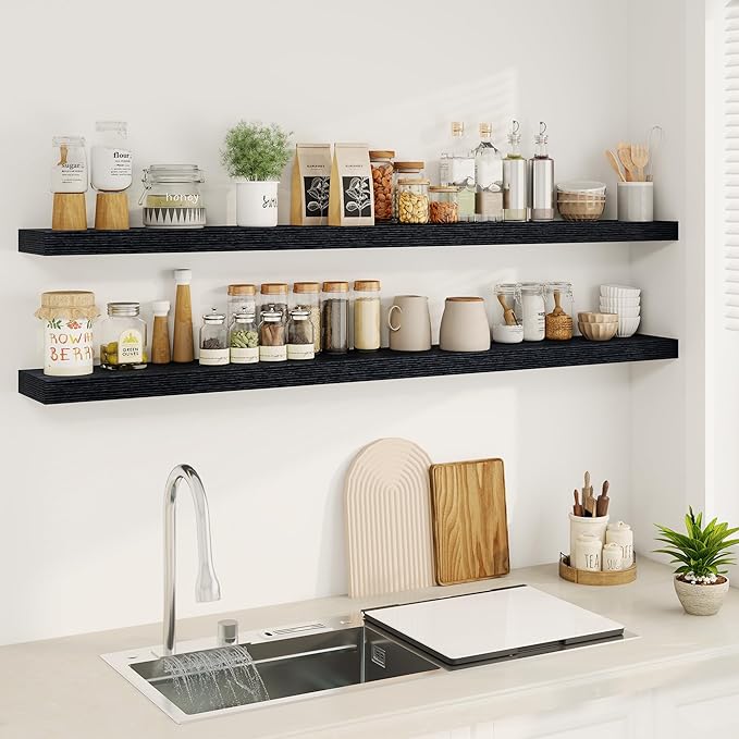 Fun Memories 66 Inch Fireplace Mantel - Long Floating Shelf, Wall Mounted Farmhouse Display with Invisible Heavy Duty Metal Bracket, Black, 2 Pack