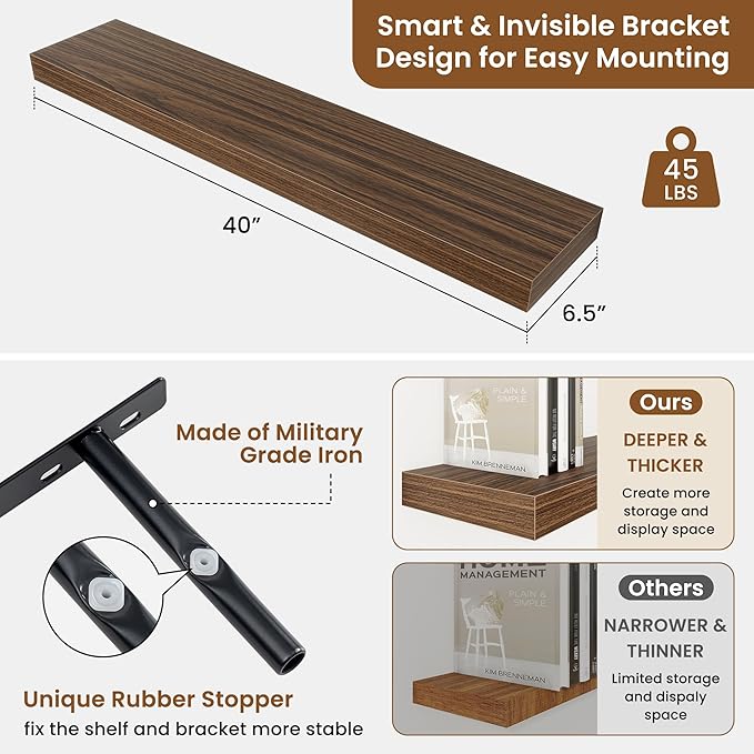 fuqing Floating Shelves for Wall, Wall Mounted Wood Floating Shelf with Invisible Brackets for Living Room, Bathroom, Bedroom, Kitchen Storage and Decor, 40 Inch Set of 2, Walnut
