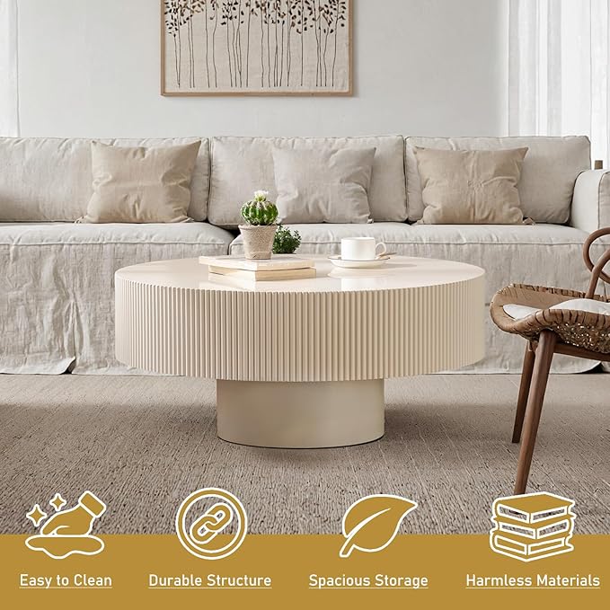 Round Drum Coffee Table 30.91" Handcrafted Fluted Drum Coffee Table Mid Century Accent Tables Modern Luxury Circle Center Table Vintage Farmhouse Center Table for Living Room (White Thick)