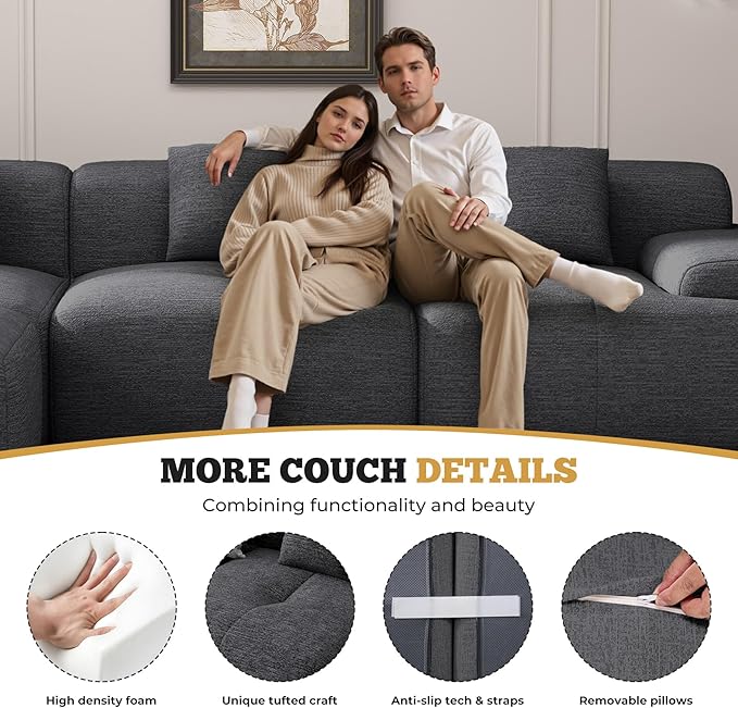 158" Modern U Shaped Modular Sectional Sofa, Boneless Couches for Living Room,6 Seater Convertible Chenille Cloud Couch Sofa Set, No Assembly Required, Grey-Black 1 PCS