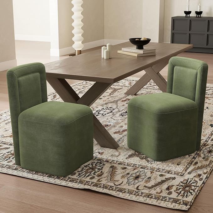 Green Upholstered Dining Chairs Set of 2, Armless Modern Chenille Dining Chairs with High Back, Kitchen Chair for Dining Room/Restaurant/Living Room